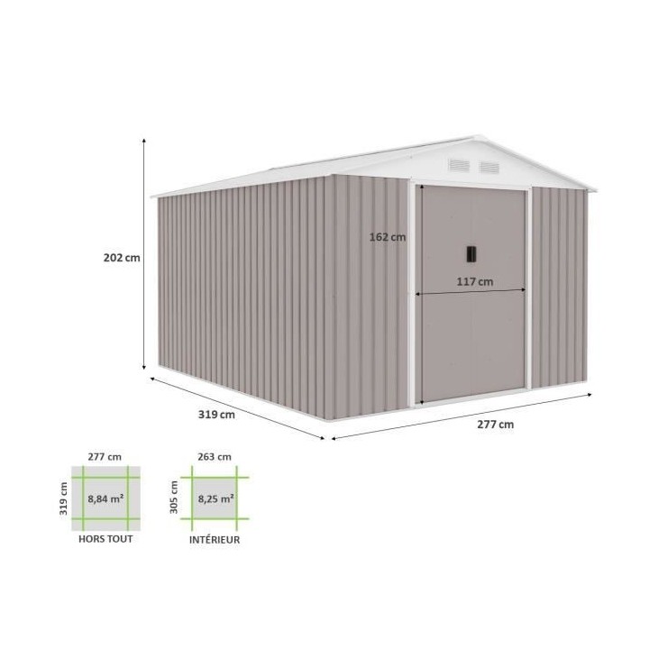 Abri de jardin en métal 8,84 m² - 277 x 319 x 202 cm - Kit d'ancrage