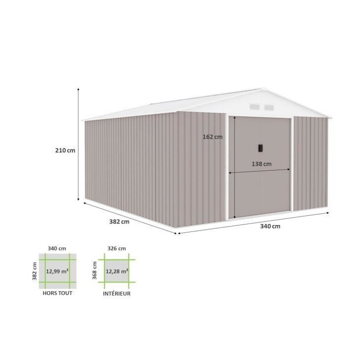 Abri de jardin en métal 12,99 m² - 340 x 382 x 210 cm - Kit d'ancrag