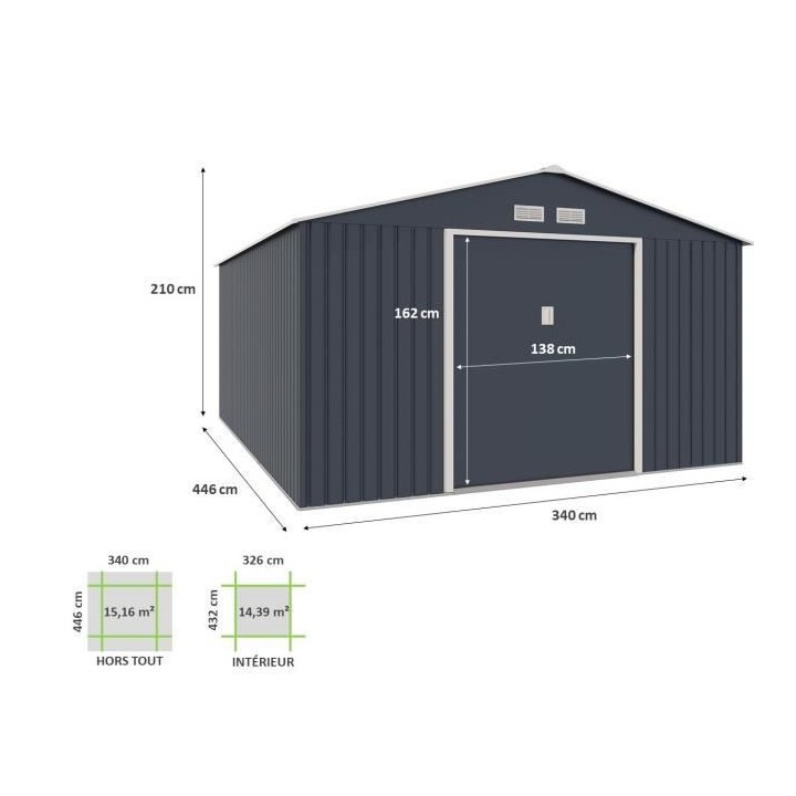 Abri de jardin en métal 15,16 m² - Kit d'ancrage inclus - Gris anthr