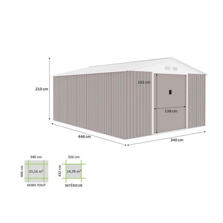 Abri de jardin en métal 15,16 m² - Kit d'ancrage inclus - Taupe