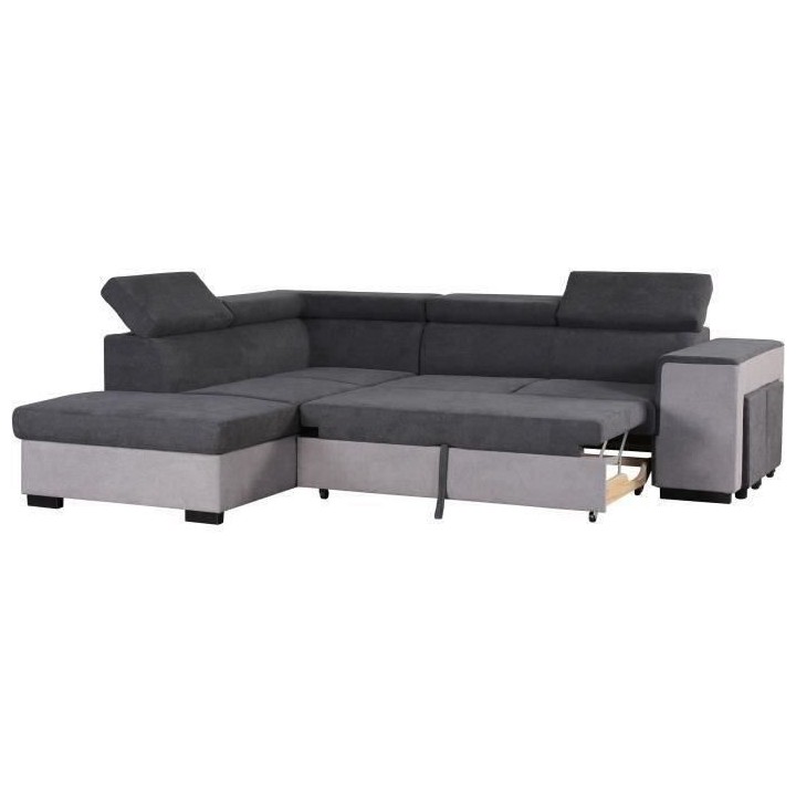 Canapé d'angle gauche convertible + coffre 5 places - Tissu gris - L