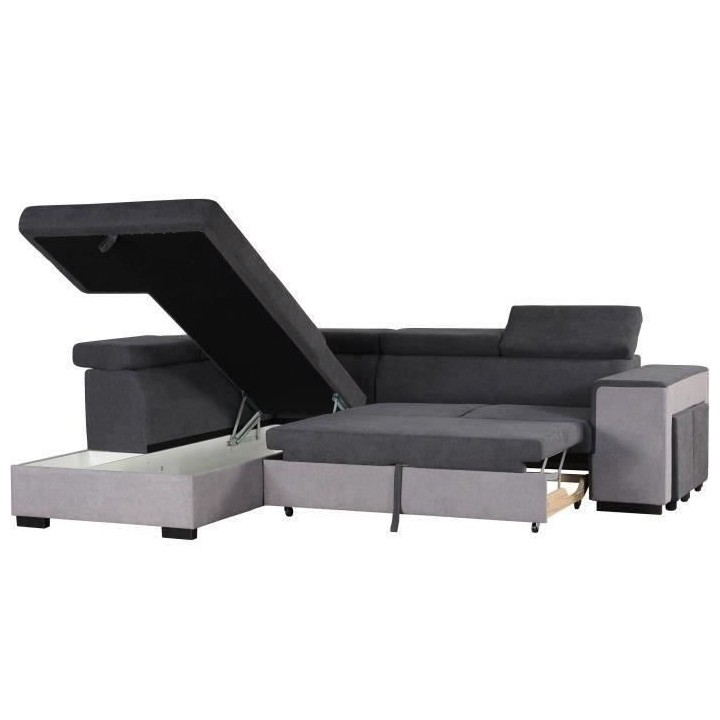 Canapé d'angle gauche convertible + coffre 5 places - Tissu gris - L