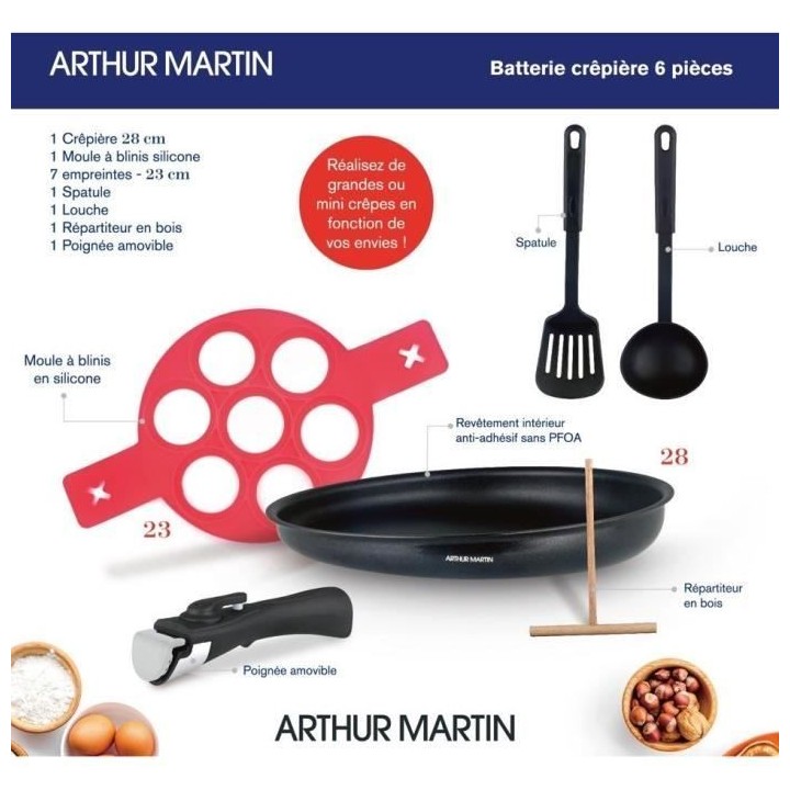Crepiere - Arthur Martin AM5563 6 pieces - 28 cm - Aluminium - Poigné
