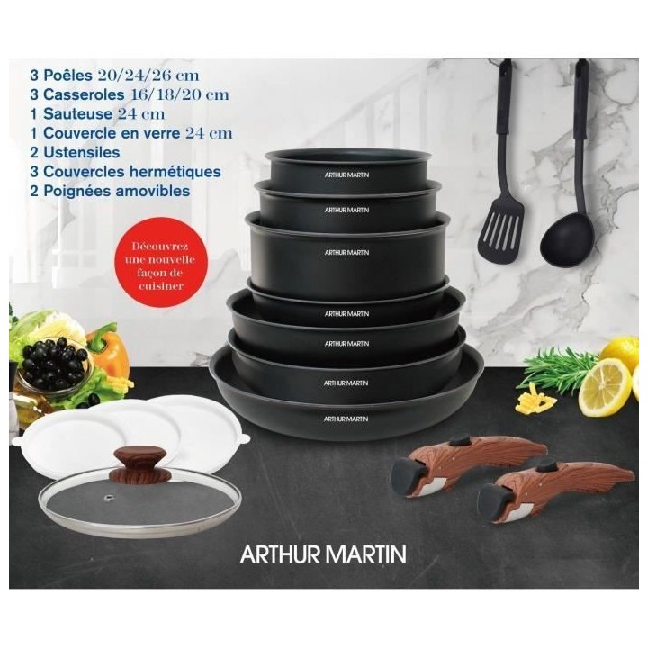 Arthur Martin AM1502 Batterie de cuisine 15 pieces - poignée amovible