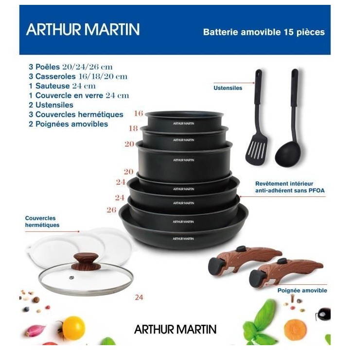 Arthur Martin AM1502 Batterie de cuisine 15 pieces - poignée amovible