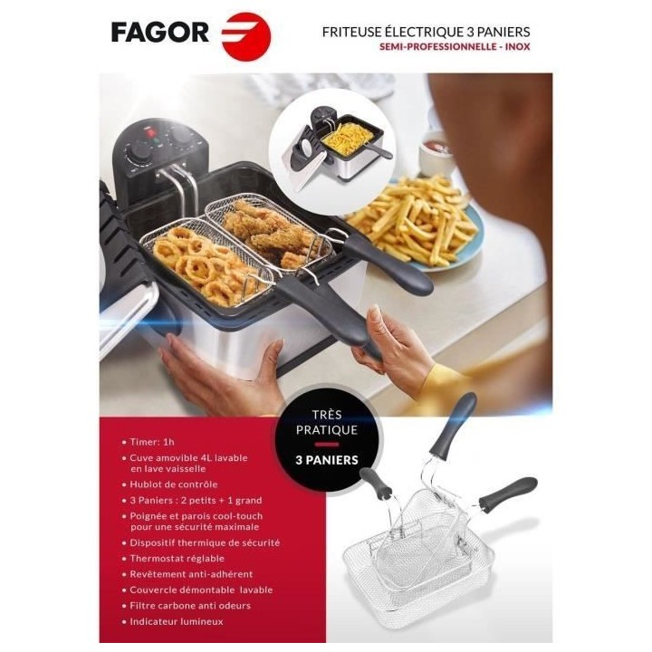 FAGOR FG124 - Friteuse Electrique - 4L - 2000W - 1,8 Kg de frites - 3