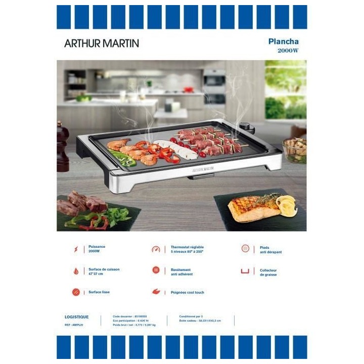 Plancha électrique ARTHUR MARTIN AMPL20 - 2000W - 47cm x 37cm - Therm