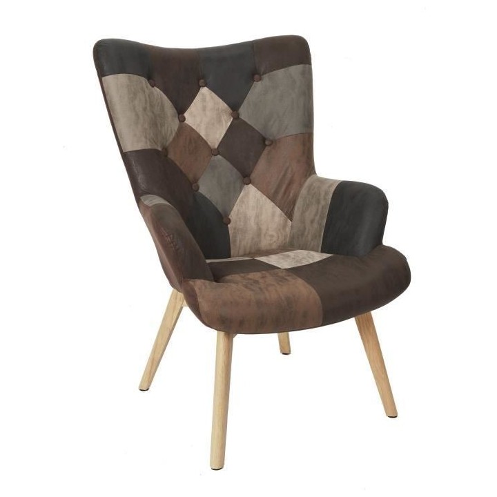 Fauteuil patchwork - Simili Marron - L 65 x P 74 x H 100cm - HELSINKI