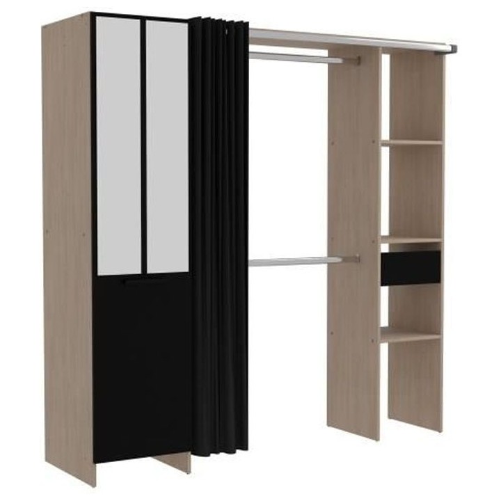 Dressing ARTIC avec rideau - EKIPA - Décor Chene et noir - 1 colonne