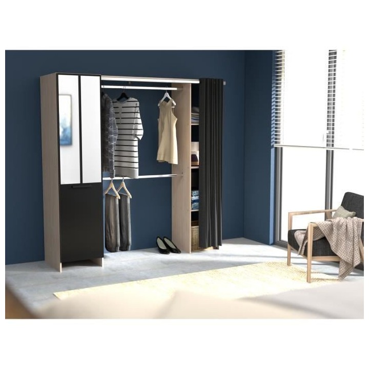 Dressing ARTIC avec rideau - EKIPA - Décor Chene et noir - 1 colonne