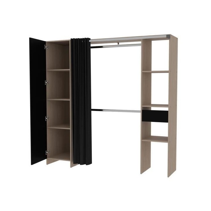 Dressing ARTIC avec rideau - EKIPA - Décor Chene et noir - 1 colonne