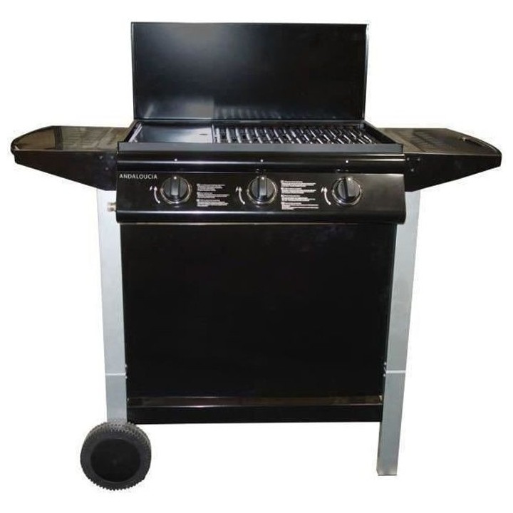 Barbecue a gaz mixte Grill + Plancha 3 brûleurs sur chariot - Fonte