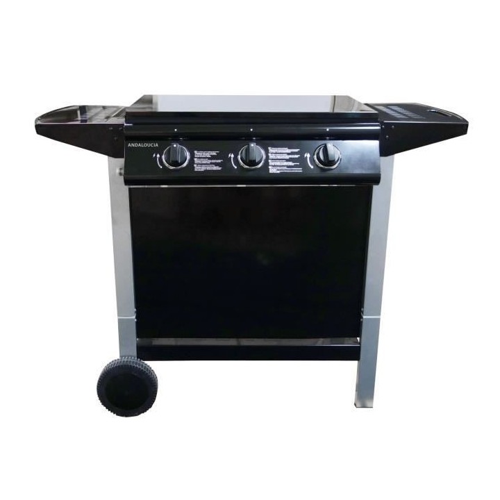 Barbecue a gaz mixte Grill + Plancha 3 brûleurs sur chariot - Fonte