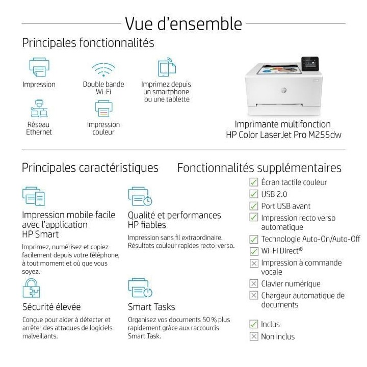 Imprimante monofonction HP Color LaserJet Pro M255dw laser couleur - I