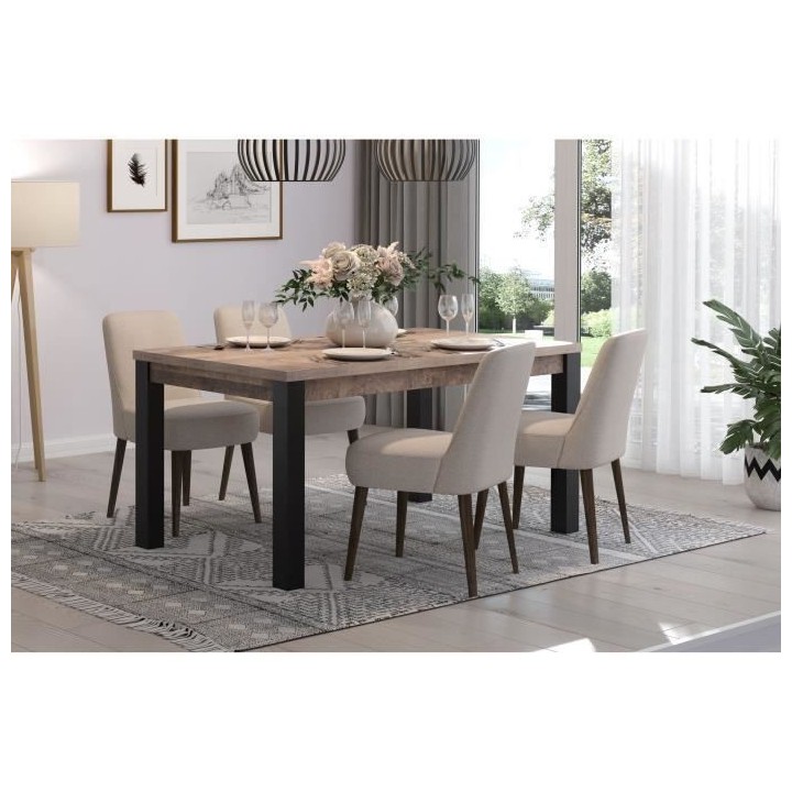 Table a manger EMILE 6 personnes - Mélamine chene brun tabac et noir