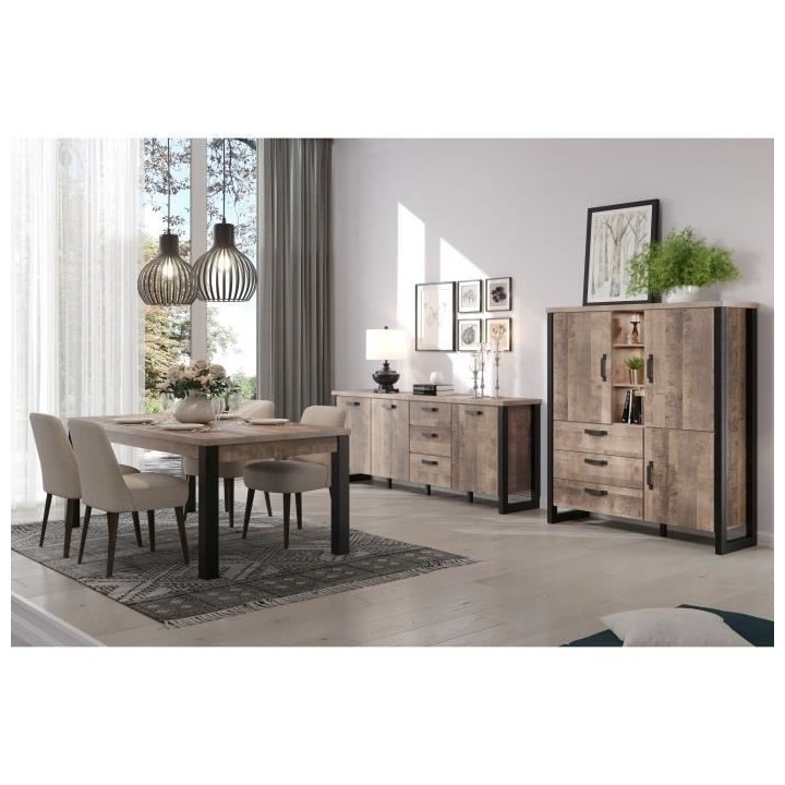 Table a manger EMILE 6 personnes - Mélamine chene brun tabac et noir