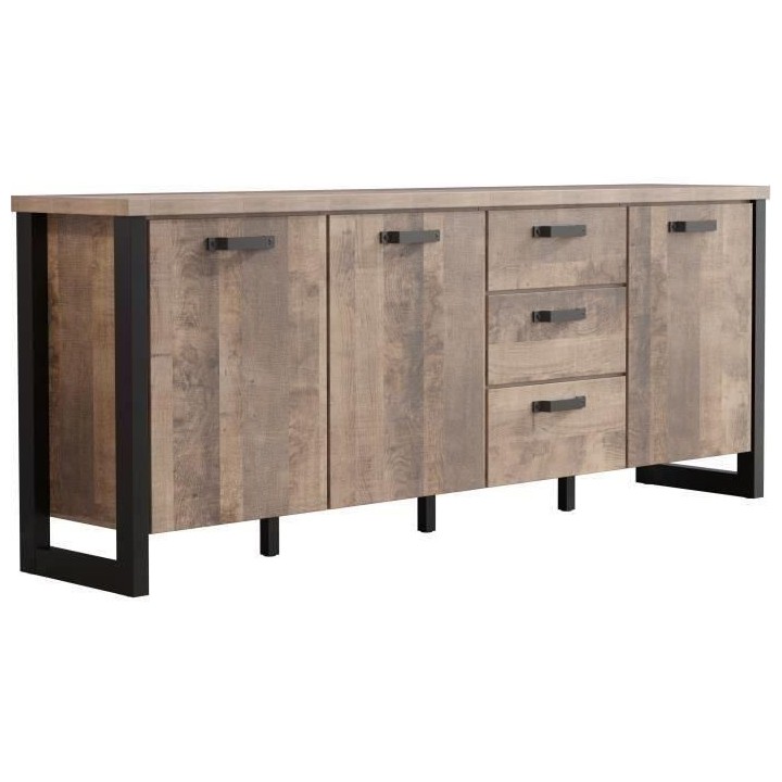 Buffet EMILE - Mélamine chene brun tabac et noir mat - 3 Portes + 3 T