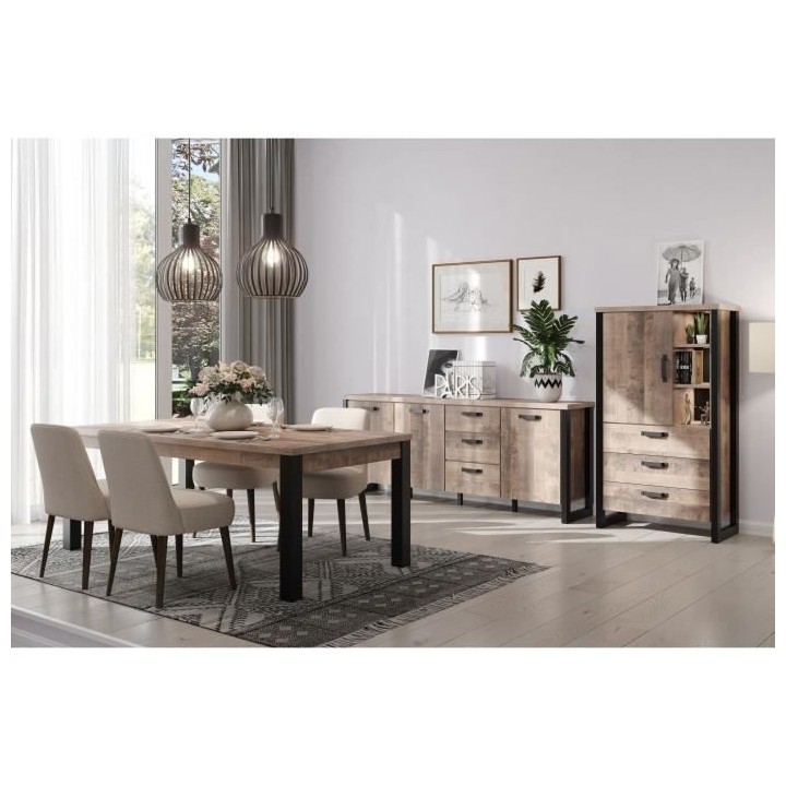 Buffet EMILE - Mélamine chene brun tabac et noir mat - 3 Portes + 3 T