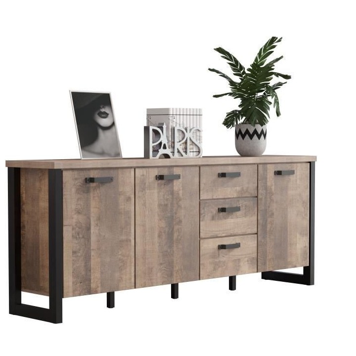 Buffet EMILE - Mélamine chene brun tabac et noir mat - 3 Portes + 3 T