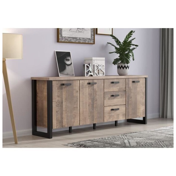 Buffet EMILE - Mélamine chene brun tabac et noir mat - 3 Portes + 3 T