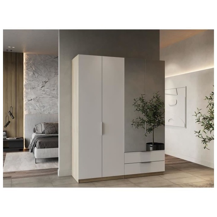 Armoire GHOST - Décor chene kronberg et blanc mat - 4 Portes + 2 Tiro