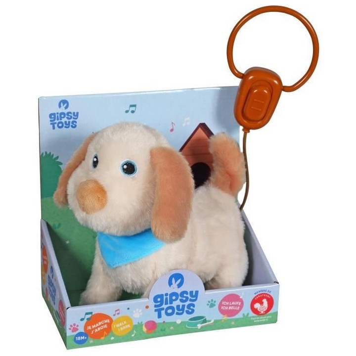 Gipsy Toys - Chiot en Laisse - Peluche a Fonction - 20 Cm - Beige Bleu