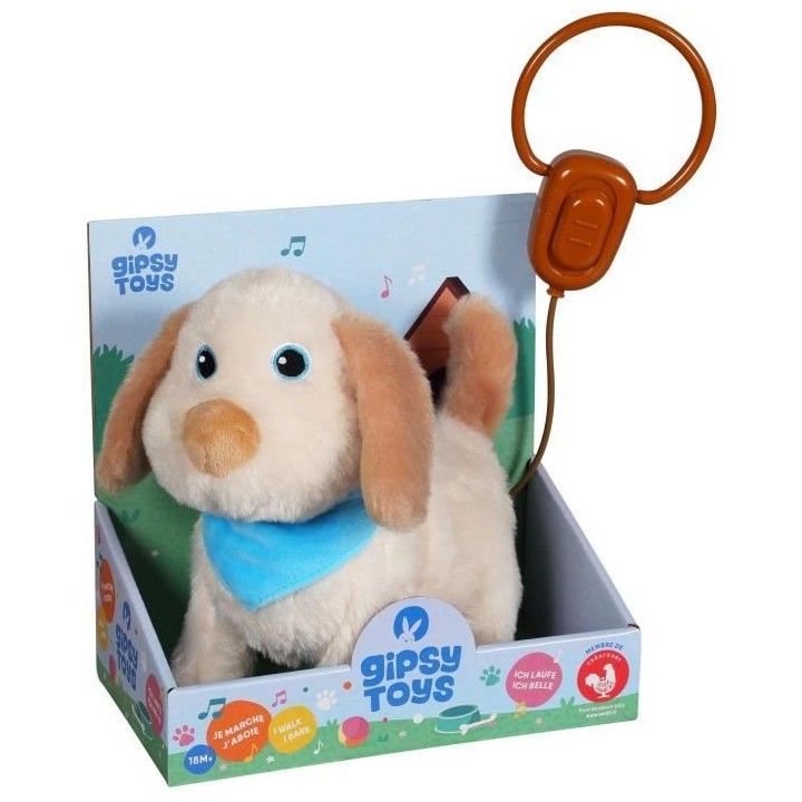Gipsy Toys - Chiot en Laisse - Peluche a Fonction - 20 Cm - Beige Bleu