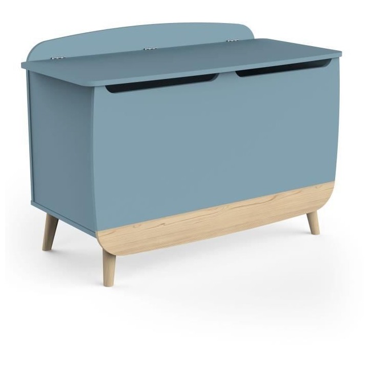 Coffre a jouets - FIRMIANA - style scandinave - Bleu orage et bois nat