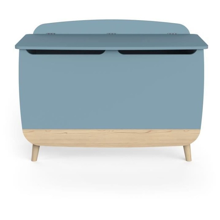 Coffre a jouets - FIRMIANA - style scandinave - Bleu orage et bois nat