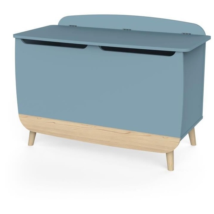 Coffre a jouets - FIRMIANA - style scandinave - Bleu orage et bois nat