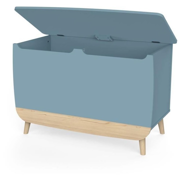 Coffre a jouets - FIRMIANA - style scandinave - Bleu orage et bois nat