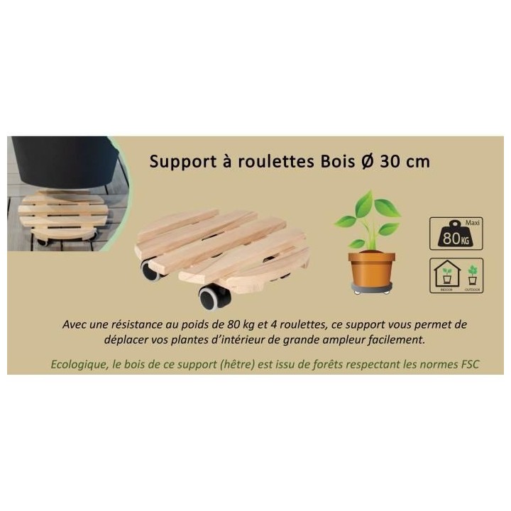 Support a Roulettes - EDA - Ø 30 cm en Bois de Hetre - 4 roulettes