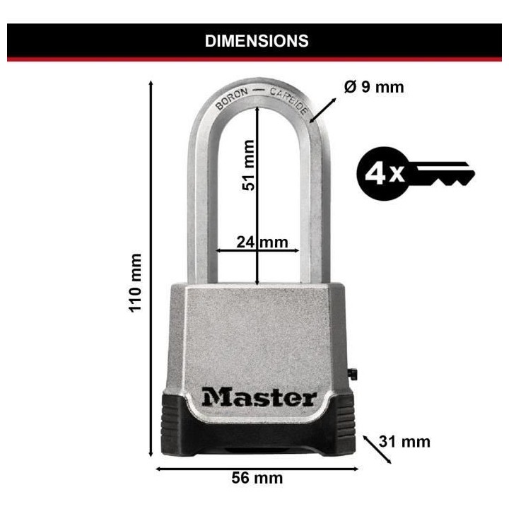Cadenas Haute Sécurité - MASTER LOCK - M176EURDLH - Zinc - Anse XL -