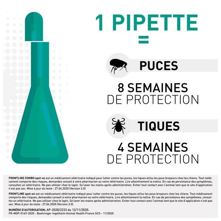 FRONTLINE Combo Chien L - 20 a 40 kg - 6 Pipettes - Puces tiques et po