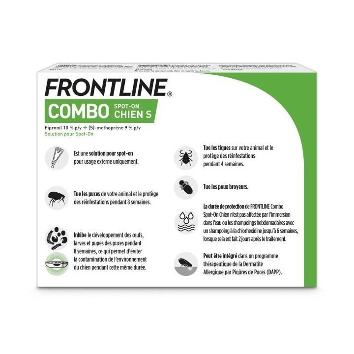 FRONTLINE Combo Chien S - 2 a 10 kg - 6 Pipettes - Puces tiques et pou
