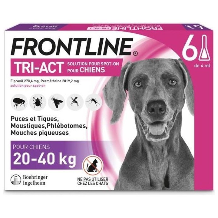 FRONTLINE Tri-Act Chiens L - 20 a 40 kg - 6 pipettes  - puces, tiques