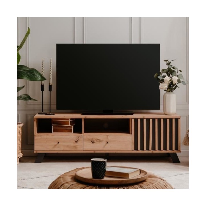 Meuble TV - MEDAN - 1 porte + 2 tiroirs - Chene artisan et anthracite