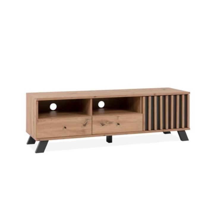 Meuble TV - MEDAN - 1 porte + 2 tiroirs - Chene artisan et anthracite