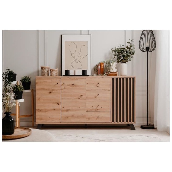 Buffet salle a manger MEDAN - Décor chene artisan et anthracite - 3 p