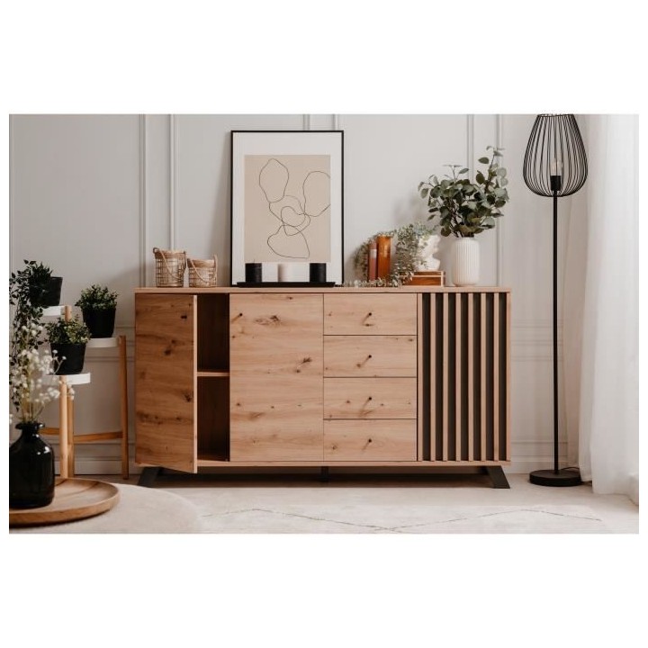 Buffet salle a manger MEDAN - Décor chene artisan et anthracite - 3 p