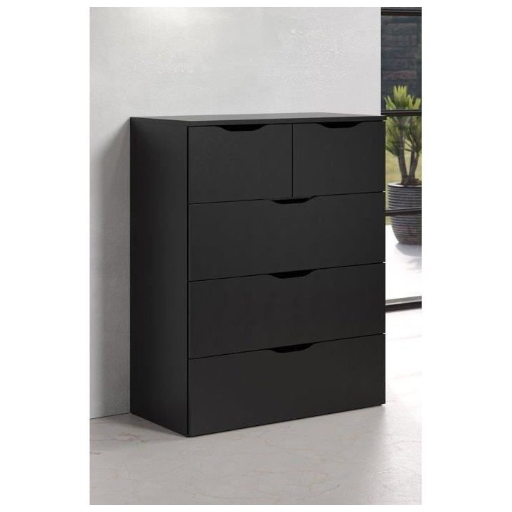 Commode BASIX - 5 tiroirs - Noir Mat - L80 x P40 x H101 cm