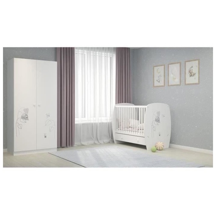 Lit classique - POLINI KIDS - AMIS ZEN - Blanc - 120x60cm - Avec tiroi