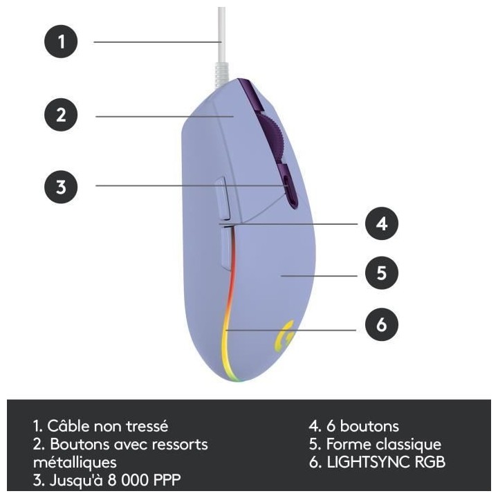 Souris Gaming Filaire - LOGITECH G - G203 - LIGHTSYNC - RGB - Couleur