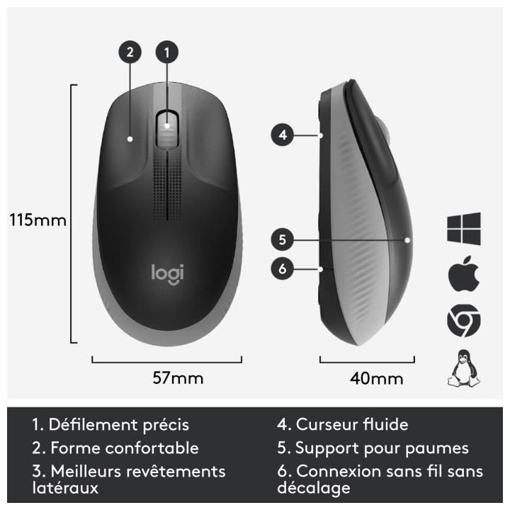 Souris sans fil - Logitech - M190 ergonomique - Gris