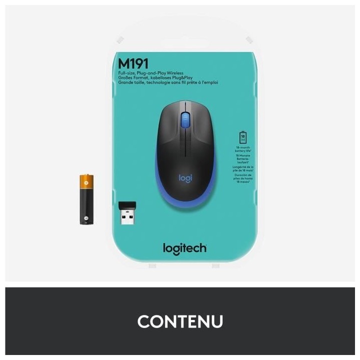 Souris sans fil - Logitech - M190 ergonomique - Bleu