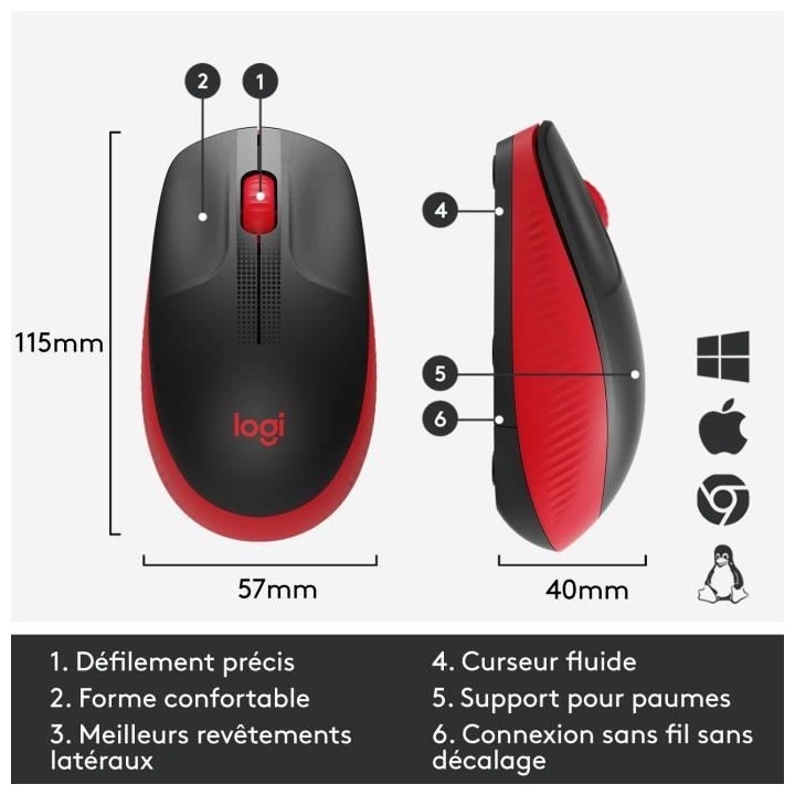 Souris sans fil - Logitech - M190 - ergonomique - Rouge