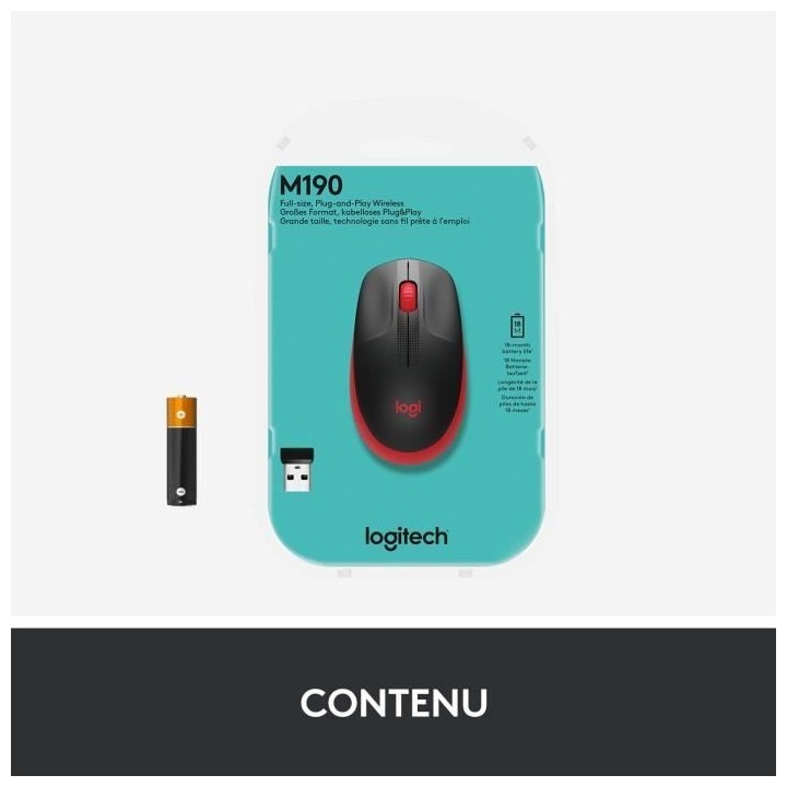 Souris sans fil - Logitech - M190 - ergonomique - Rouge