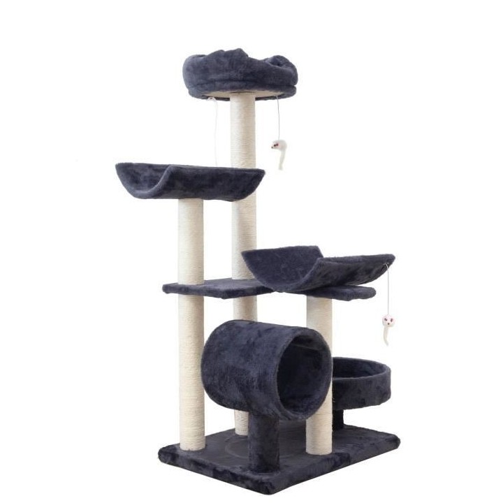 GARFIELD Arbre a chat gris 55 x 40 x 116 cm - 1 tunnel, 4 plateformes,