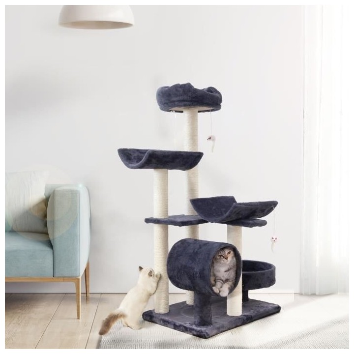 GARFIELD Arbre a chat gris 55 x 40 x 116 cm - 1 tunnel, 4 plateformes,