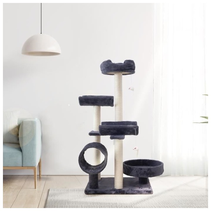 GARFIELD Arbre a chat gris 55 x 40 x 116 cm - 1 tunnel, 4 plateformes,